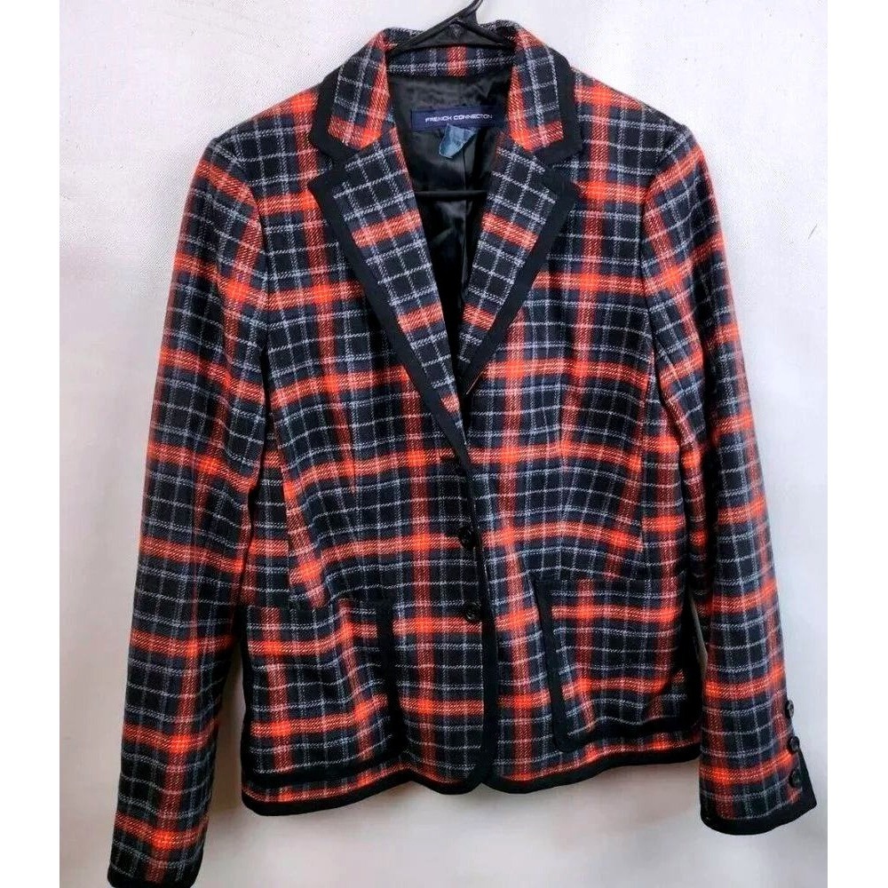 VTG French Connection Plaid Blazer Womens 8 Orange Grey Wool Office Jacket